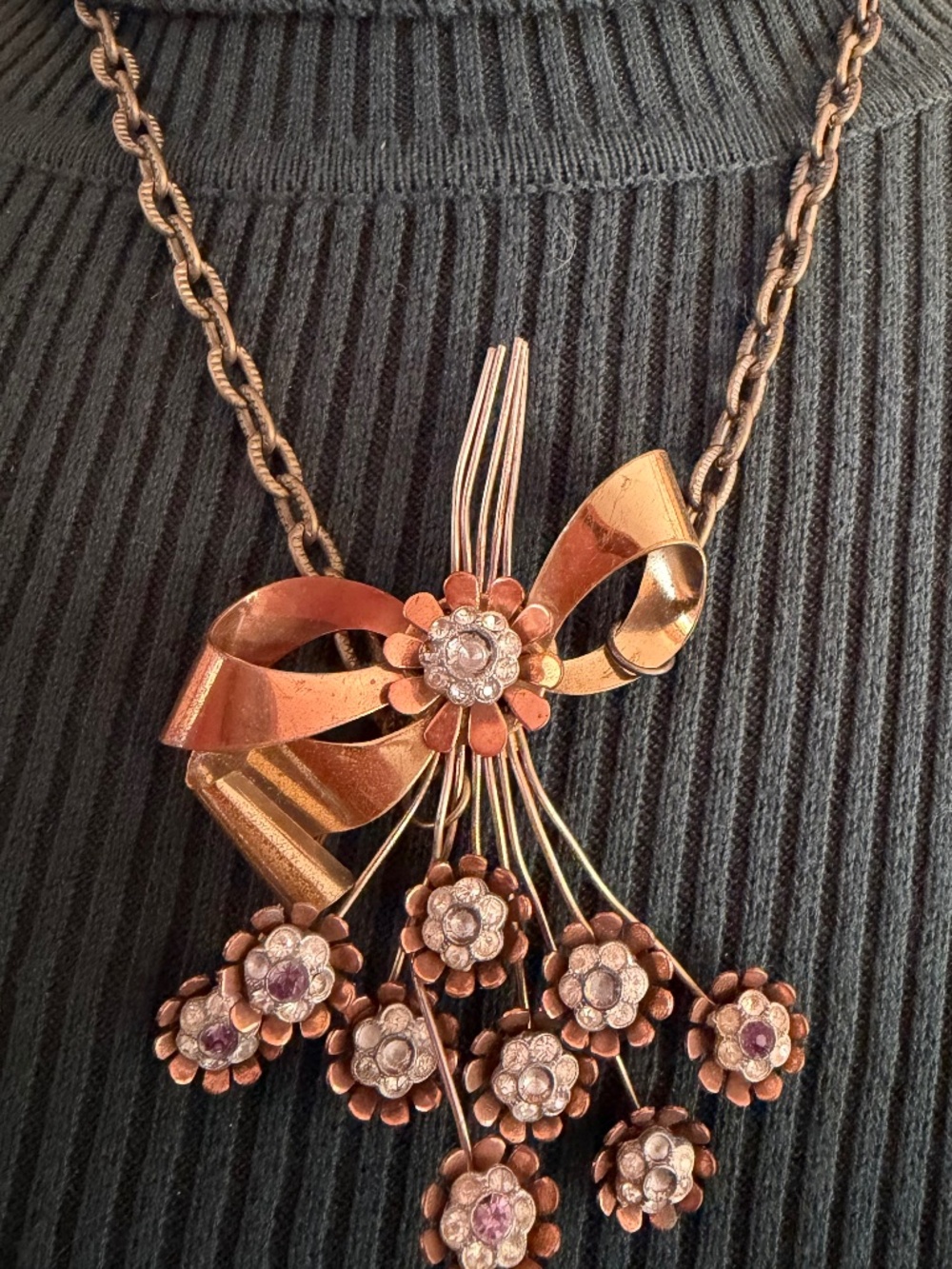 Vintage Necklace Featuring a Ribbon Bow Motif with a Dangling Bouquet of Flowers